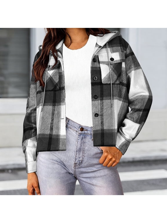 Jackets for Women Plaid Cropped Hooded Shacket Drawstring Hood Button Front Short Jacket with Chest Pocket Casual Loose Soft Jackets for Fall Winter Daily Layering Wear