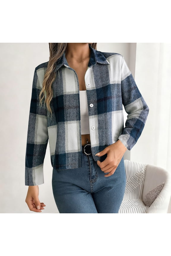Jackets for Women Turndown Button Down Plaid Cropped Shacket with Chest Pockets Long Sleeves Soft Loose fits Shirt Jackets for Fall Winter Daily Outing Layering Wear
