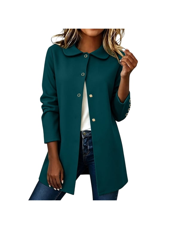 Jackets for Women Solid Lapel Collar Jacket Button Down Long Sleeve Casual Outerwear Jacket Winter Loose Warm Jacket Coat for Cold Weather