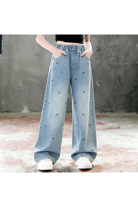 Jeans for Girls High-Waisted Wide-Leg Jeans with Beaded Roses Embroidery Back Mid To Large Girls Trendy Casual Loose Jeans Pants for Daily Wear