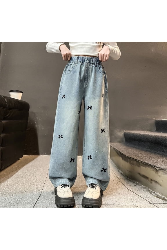 Jeans for Girls High-Waisted Wide-Leg Jeans with Beaded Bow Embroidery Back Mid To Large Girls Trendy Casual Loose Jeans Pants for Daily Wear