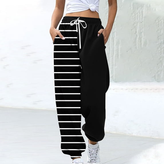 Snorda Joggers for Women Asymmetrical Striped Pants Elastic Drawstring Waist Trousers with Pockets Casual Sweatpants for Everyday Wear and Relaxed Athleisure