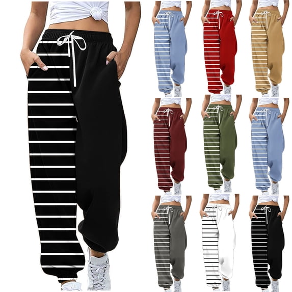 Snorda Joggers for Women Asymmetrical Striped Pants Elastic Drawstring Waist Trousers with Pockets Casual Sweatpants for Everyday Wear and Relaxed Athleisure