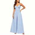 thumbnail image 1 of Snorda Jumpsuits for Women Striped Spaghetti Strap Jumpsuit with V-Neck Casual Loose Breathable Comfy High Waist Wide Leg Long Pants for Women Daily Wear Outing Looks, 1 of 7