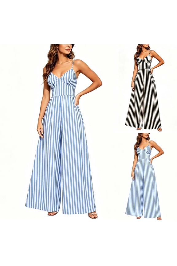 Jumpsuits for Women Striped Spaghetti Strap Jumpsuit with V-Neck Casual Loose Breathable Comfy High Waist Wide Leg Long Pants for Women Daily Wear Outing Looks
