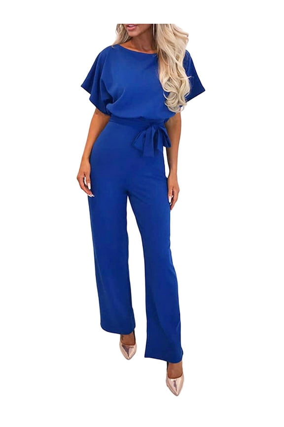 Snorda Jumpsuits for Women Casual Loose Batwing Sleeve Crewneck Rompers Long Pants Belted Wide Legs Overall S-XL