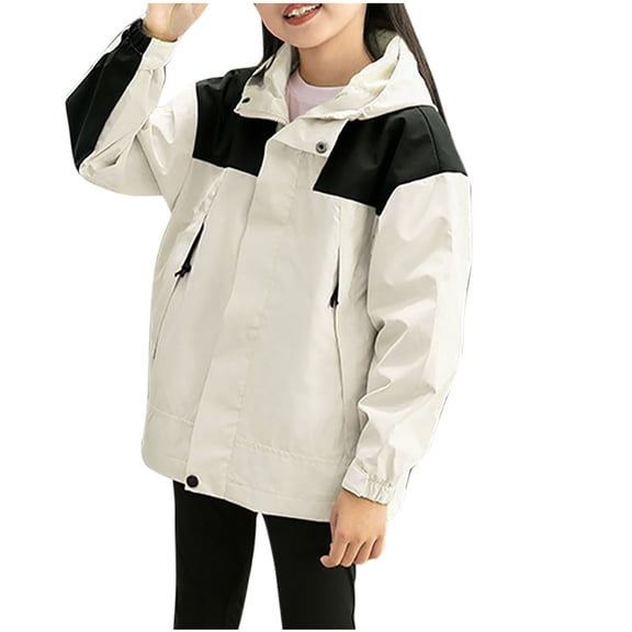 Snorda Kids Raincoat Colour-Blocked Hooded Windproof Waterproof Rain Jacket Solid Color Full Zip and Snap Closure Jacket with Pockets Casual Loose Comfy for Fall Winter Daily Wear