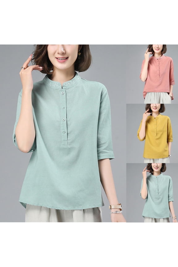 Linen Embroidered Cardigan for Women Floral Embroidery Knot Button Cardigan Quarter Sleeves Round Neck Flowy Hem for Ethnic Wear