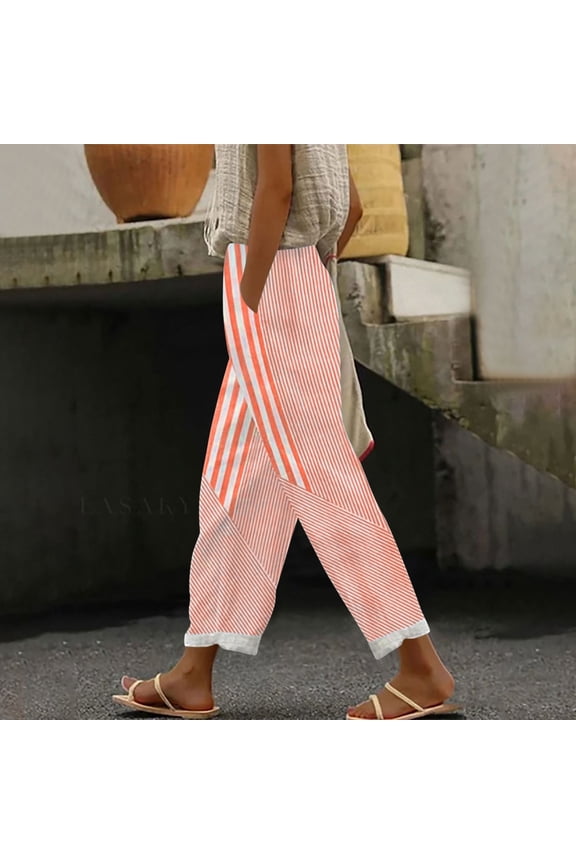 Linen Pants for Women Elastic Waist Contrasting Cuffs Striped Pants Casual Loose Ankle Trousers with Pockets Summer Ladies Pants for Beach Loungewear and Daily Looks