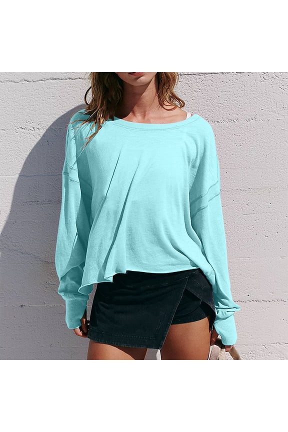 Long Sleeve Shirts for Women Asymmetric Crew Neck Top Ladies Loose Solid Color Pullover Open Back Crop Top for Gym Yoga Wear