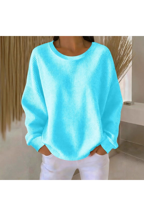 Long Sleeve Shirts for Women Waffle Knit Crew Neck Top Casual Loose Solid Color Basic Blouse for Fall Winter Loungewear Outdoors Looks
