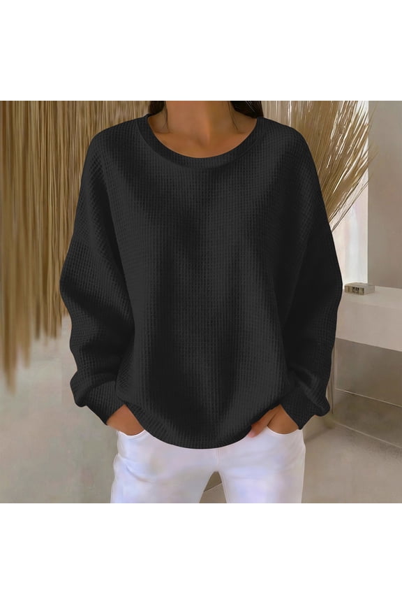 Long Sleeve Shirts for Women Waffle Knit Crew Neck Top Casual Loose Solid Color Basic Blouse for Fall Winter Loungewear Outdoors Looks