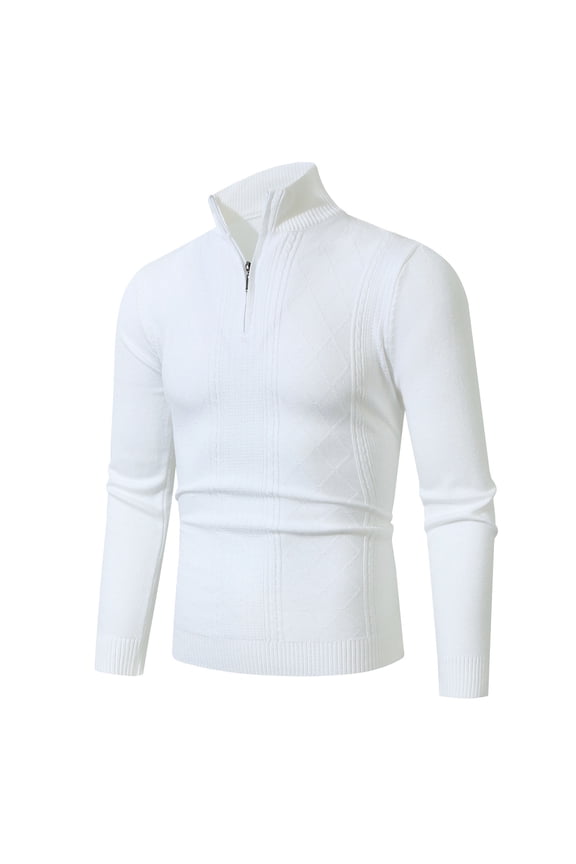 Men Quarter Zip Sweater Stand Collar Diamond Cable Rib Knit Sweater Solid Long Rib Cuff Sleeve Stretch Soft Pullover Casual Warm Sweaters for Fall Winter Versatile Wear