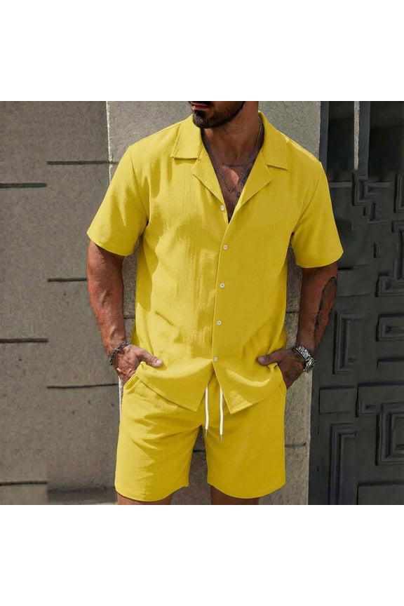 Mens 2 Piece Short Set Button Down Lapel Collar Short Sleeve Shirt Matching Drawstring Shorts Casual Summer Linen Outfits for Men Everyday Outing