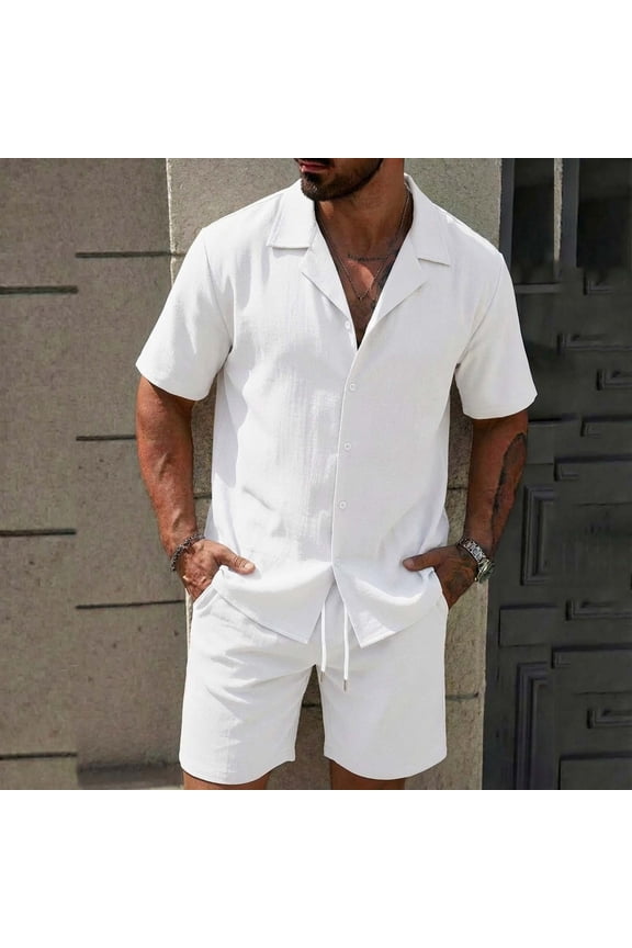 Mens 2 Piece Short Set Button Down Lapel Collar Short Sleeve Shirt Matching Drawstring Shorts Casual Summer Linen Outfits for Men Everyday Outing