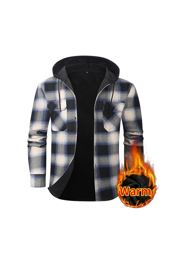 Mens Fleece Jacket Button Down Drawstring Hooded Plaid Shacket with Chest Pockets Casual Loose Comfy Long Sleeve Shirt Jackets for Fall Winter Daily Layering Wear