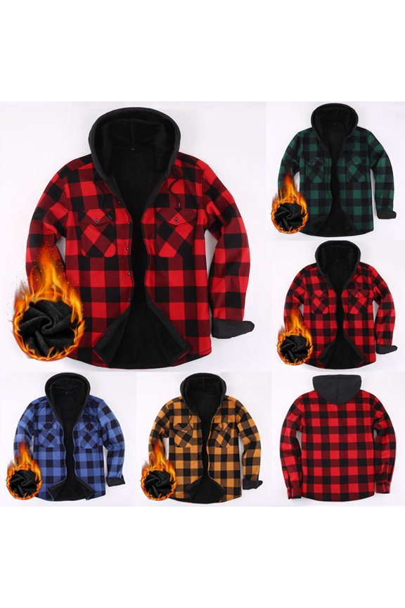 Mens Fleece Jacket Button Down Drawstring Hooded Plaid Shacket with Chest Pockets Casual Loose Comfy Long Sleeve Shirt Jackets for Fall Winter Daily Layering Wear