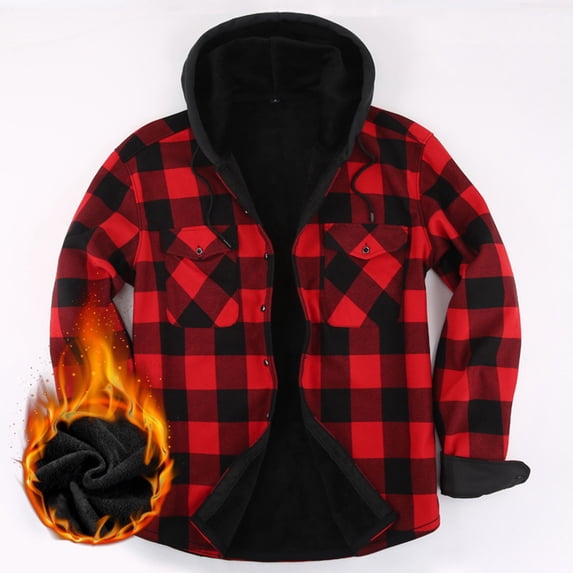 Snorda Mens Fleece Jacket Button Down Drawstring Hooded Plaid Shacket with Chest Pockets Casual Loose Comfy Long Sleeve Shirt Jackets for Fall Winter Daily Layering Wear