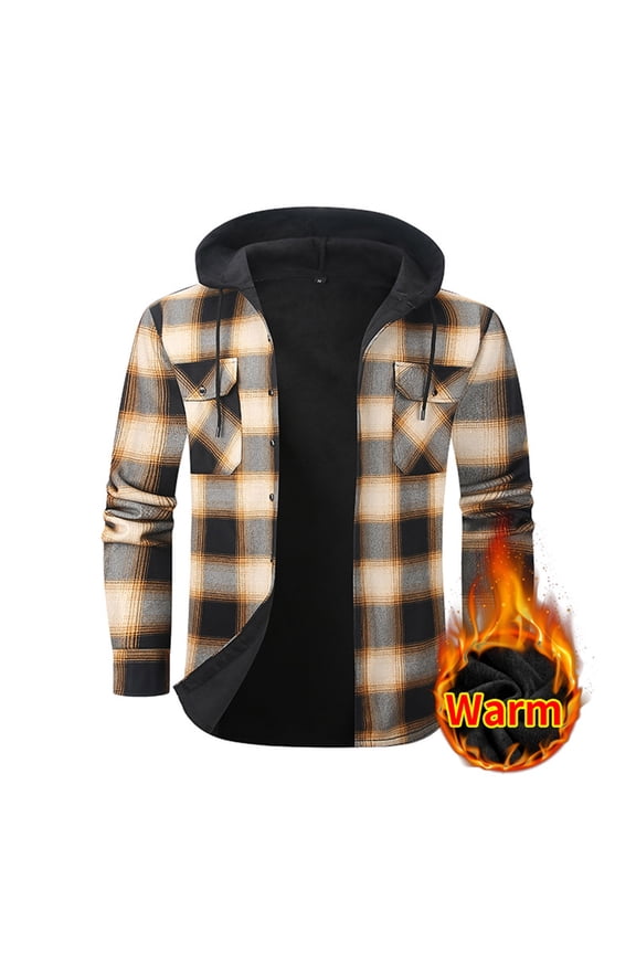 Mens Fleece Jacket Button Down Drawstring Hooded Plaid Shacket with Chest Pockets Casual Loose Comfy Long Sleeve Shirt Jackets for Fall Winter Daily Layering Wear