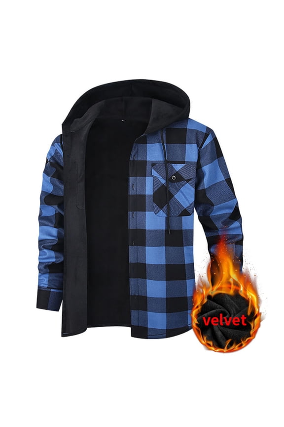 Mens Fleece Jacket Button Down Drawstring Hooded Plaid Shacket with Chest Pockets Casual Loose Comfy Long Sleeve Shirt Jackets for Fall Winter Daily Layering Wear