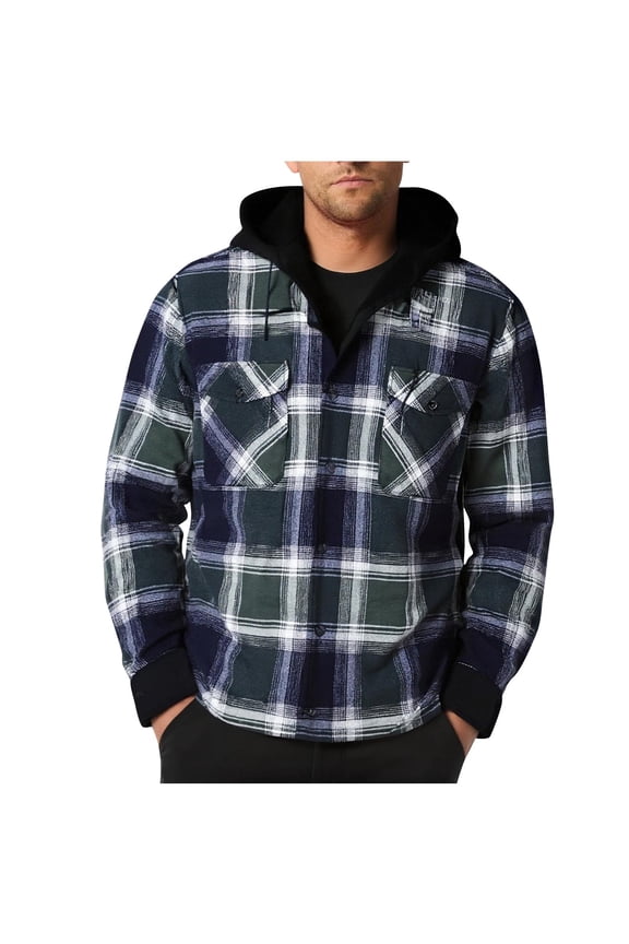 Mens Fleece Jacket Button Down Drawstring Hooded Plaid Shacket with Chest Pockets Casual Loose Comfy Long Sleeve Shirt Jackets for Fall Winter Daily Layering Wear