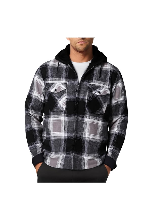 Mens Fleece Jacket Button Down Drawstring Hooded Plaid Shacket with Chest Pockets Casual Loose Comfy Long Sleeve Shirt Jackets for Fall Winter Daily Layering Wear