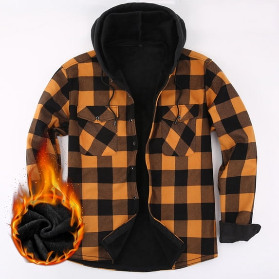 Snorda Mens Fleece Jacket Button Down Drawstring Hooded Plaid Shacket with Chest Pockets Casual Loose Comfy Long Sleeve Shirt Jackets for Fall Winter Daily Layering Wear