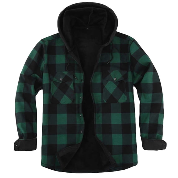 Snorda Mens Fleece Jacket Button Down Drawstring Hooded Plaid Shacket with Chest Pockets Casual Loose Comfy Long Sleeve Shirt Jackets for Fall Winter Daily Layering Wear