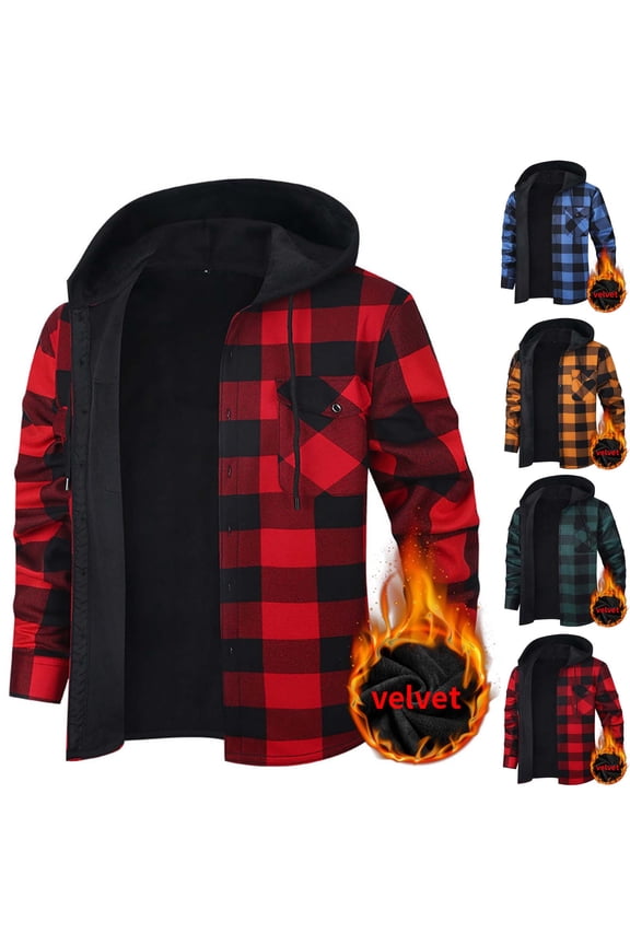 Mens Fleece Jacket Button Down Drawstring Hooded Plaid Shacket with Chest Pockets Casual Loose Comfy Long Sleeve Shirt Jackets for Fall Winter Daily Layering Wear