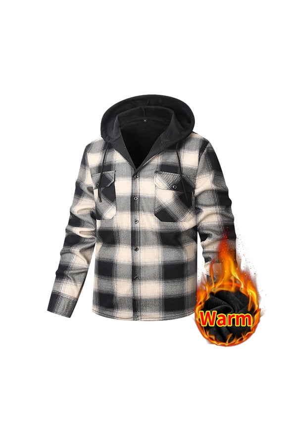 Mens Fleece Jacket Button Down Drawstring Hooded Plaid Shacket with Chest Pockets Casual Loose Comfy Long Sleeve Shirt Jackets for Fall Winter Daily Layering Wear