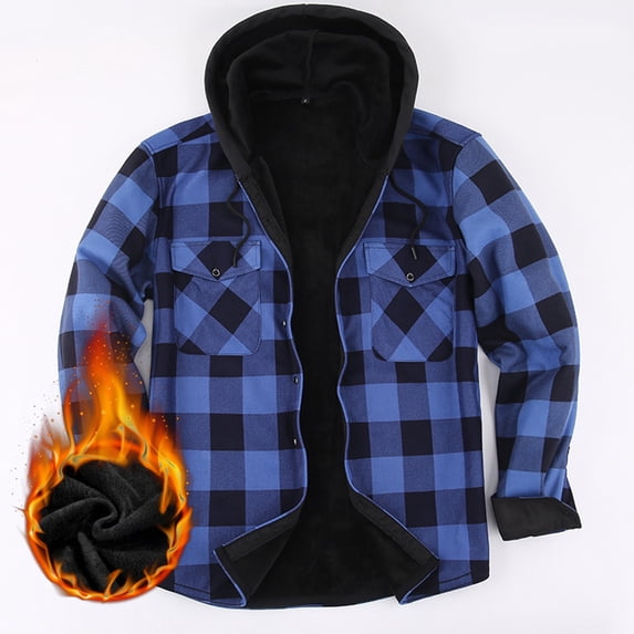 Snorda Mens Fleece Jacket Button Down Drawstring Hooded Plaid Shacket with Chest Pockets Casual Loose Comfy Long Sleeve Shirt Jackets for Fall Winter Daily Layering Wear