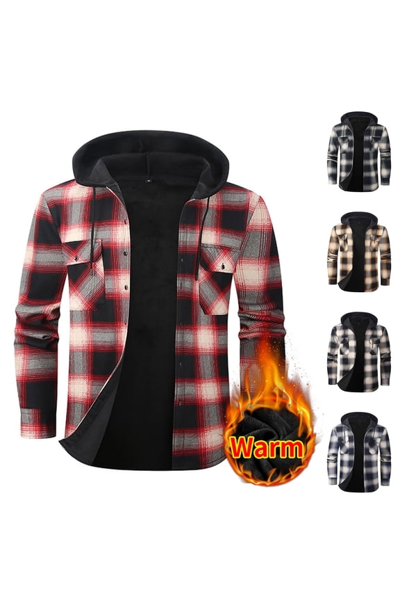 Mens Fleece Jacket Button Down Drawstring Hooded Plaid Shacket with Chest Pockets Casual Loose Comfy Long Sleeve Shirt Jackets for Fall Winter Daily Layering Wear