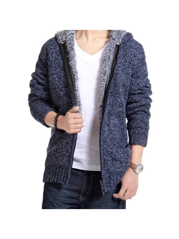 Mens Fleece Jacket Hooded Full Zip Knit Long Sleeve Thermal Sweater Jackets with Pockets Warm Casual Outerwear for Fall Winter Daily Layering Wear