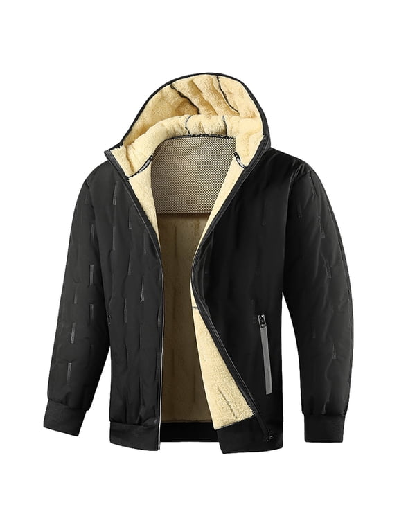 Mens Fleece Jacket Hooded Thermal Jacket Zip Up Winter Coat with Zipper Side Pockets Solid Casual Warm Outerwear for Cold Weather Fall Winter Layering Wear