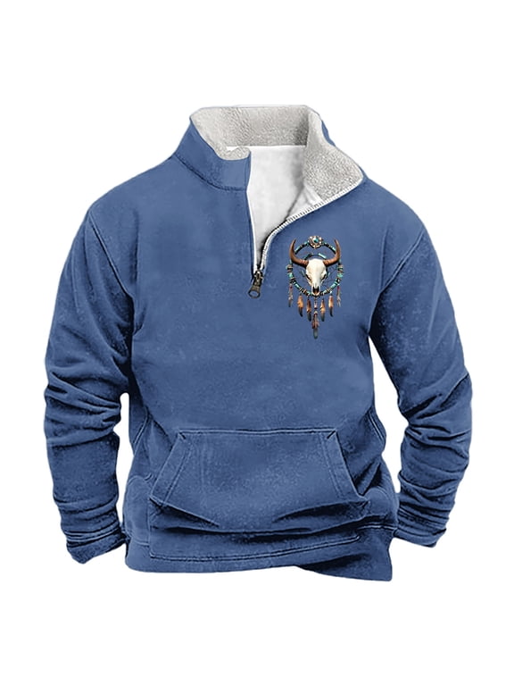 Mens Quarter Zip Pullover Sweatshirt Mens Fleece Hoodless Sweatshirts Stand Collar Print Long Sleeve Shirt with Pocket Soft Comfortable Loos Fits Top for Fall Winter Daily Wear