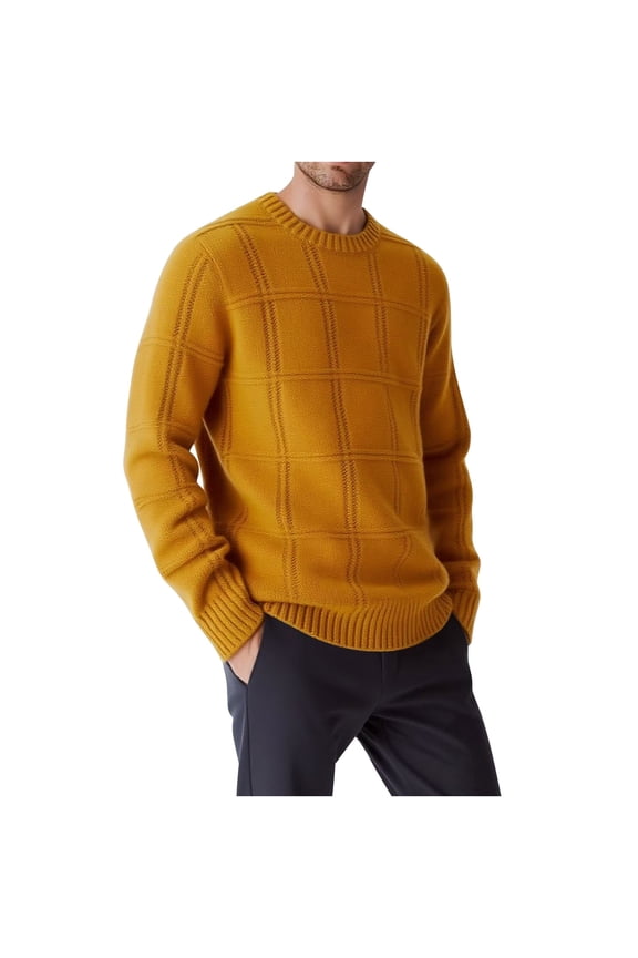 Mens Sweater Crew Neck Plaid Knit Sweaters Solid Long Sleeve Loose Soft Warm Pullover Casual Comfy Sweater Top for Fall Winter Daily Layering Wear