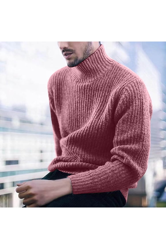 Mens Sweater Turtleneck Ribbed Knit Sweaters Long Sleeve Solid Thick Stretch Warm Pullover Casual Loose Comfy Top for Fall Winter Daily Layering Wear