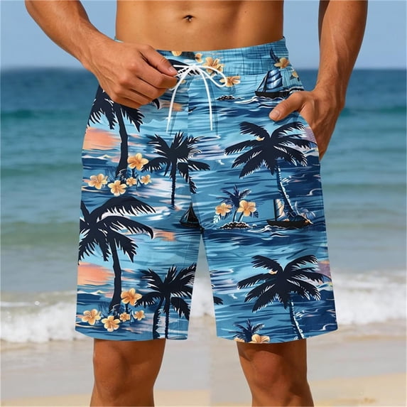Snorda Mens Swim Trunks Hawaiian Palm Trees Graphic Elastic Waist Drawstring Quickdry Shorts Mens Casual Basic Summer Beach Shorts with Pockets