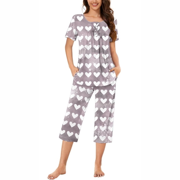 Snorda Pajama Set for Womens 2 Piece Short Sleeve Button Neck Pleated Printed Top and Capris Pants Summer Ladies Soft Comfortable Pajamas Set for Sleepwear Loungewear