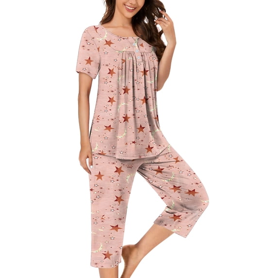 Snorda Pajama Set for Womens 2 Piece Short Sleeve Button Neck Pleated Printed Top and Capris Pants Summer Ladies Soft Comfortable Pajamas Set for Sleepwear Loungewear