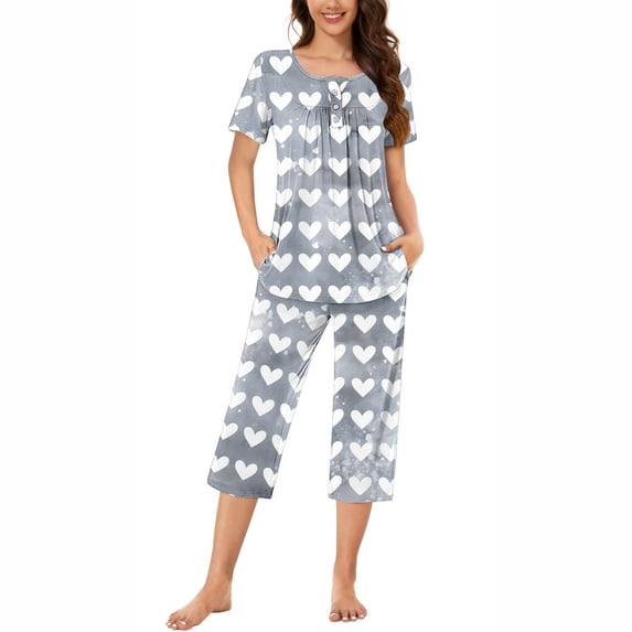 Snorda Pajama Set for Womens 2 Piece Short Sleeve Button Neck Pleated Printed Top and Capris Pants Summer Ladies Soft Comfortable Pajamas Set for Sleepwear Loungewear