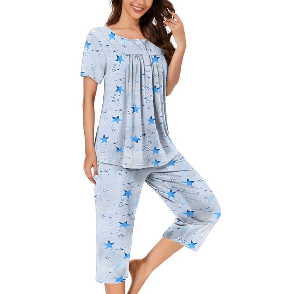 Snorda Pajama Set for Womens 2 Piece Short Sleeve Button Neck Pleated Printed Top and Capris Pants Summer Ladies Soft Comfortable Pajamas Set for Sleepwear Loungewear