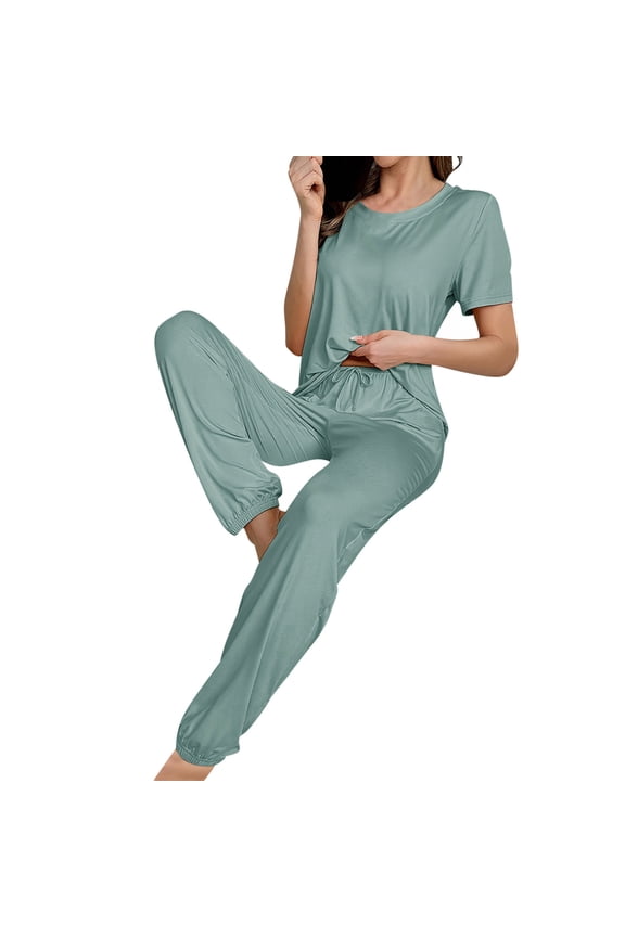 Pajamas for Women Set 2 Piece Short Sleeve Crew Neck Top and Drawstring Jogger Pants Ladies Soft Comfy Summer Pajamas for Women Sleepwear Loungewear