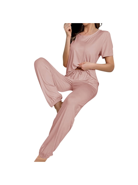 Pajamas for Women Set 2 Piece Short Sleeve Crew Neck Top and Drawstring Jogger Pants Ladies Soft Comfy Summer Pajamas for Women Sleepwear Loungewear