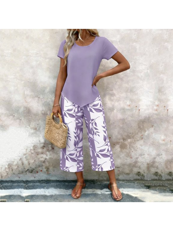 Pants Set for Women Short Sleeve Irregular Hem Top High-Waisted Leaf Print Capris Pants Summer Ladies Casual Matching Loungewear Outing Set