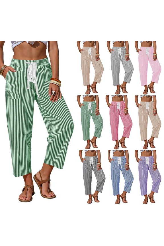 Pants for Women Cropped Striped Pants Elastic Drawstring Waist with Pockets Casual Lightweight Breathable Straight Leg Trousers for Beach Vacation Daily Outing Looks