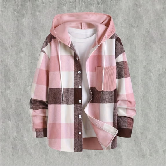 Snorda Plaid Fleece Jacket for Men Hooded Button Down Long Sleeves Shacket with Drawstring Hood and Chest Pocket Casual Soft Comfy Shirt Jacket for MEn Fall Winter Daily Layering Wear
