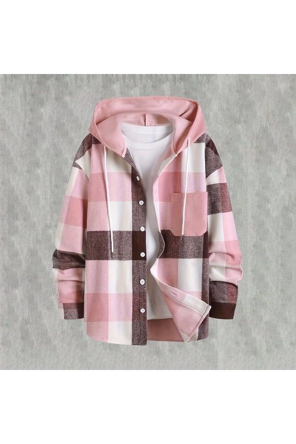 Plaid Fleece Jacket for Men Hooded Button Down Long Sleeves Shacket with Drawstring Hood and Chest Pocket Casual Soft Comfy Shirt Jacket for MEn Fall Winter Daily Layering Wear