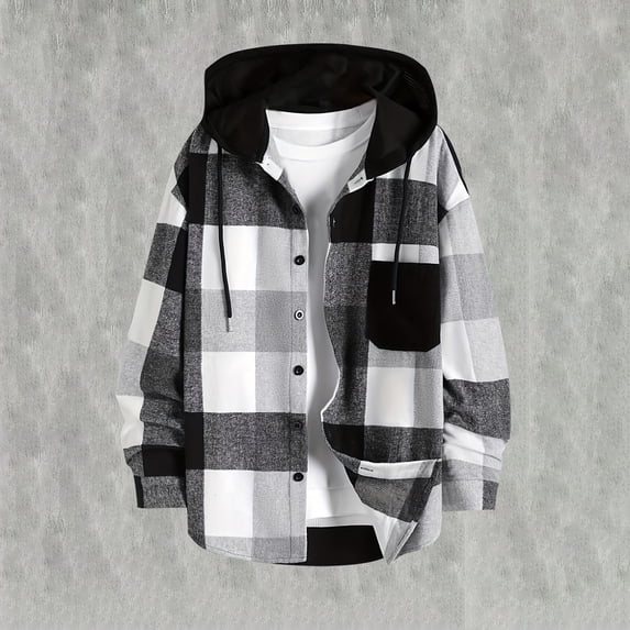 Snorda Plaid Fleece Jacket for Men Hooded Button Down Long Sleeves Shacket with Drawstring Hood and Chest Pocket Casual Soft Comfy Shirt Jacket for MEn Fall Winter Daily Layering Wear