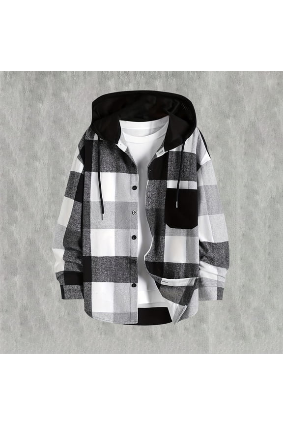 Plaid Fleece Jacket for Men Hooded Button Down Long Sleeves Shacket with Drawstring Hood and Chest Pocket Casual Soft Comfy Shirt Jacket for MEn Fall Winter Daily Layering Wear